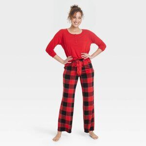 Women's Henley Pajama Gift Set Stars Above Red Buffalo Plaid Flannel
